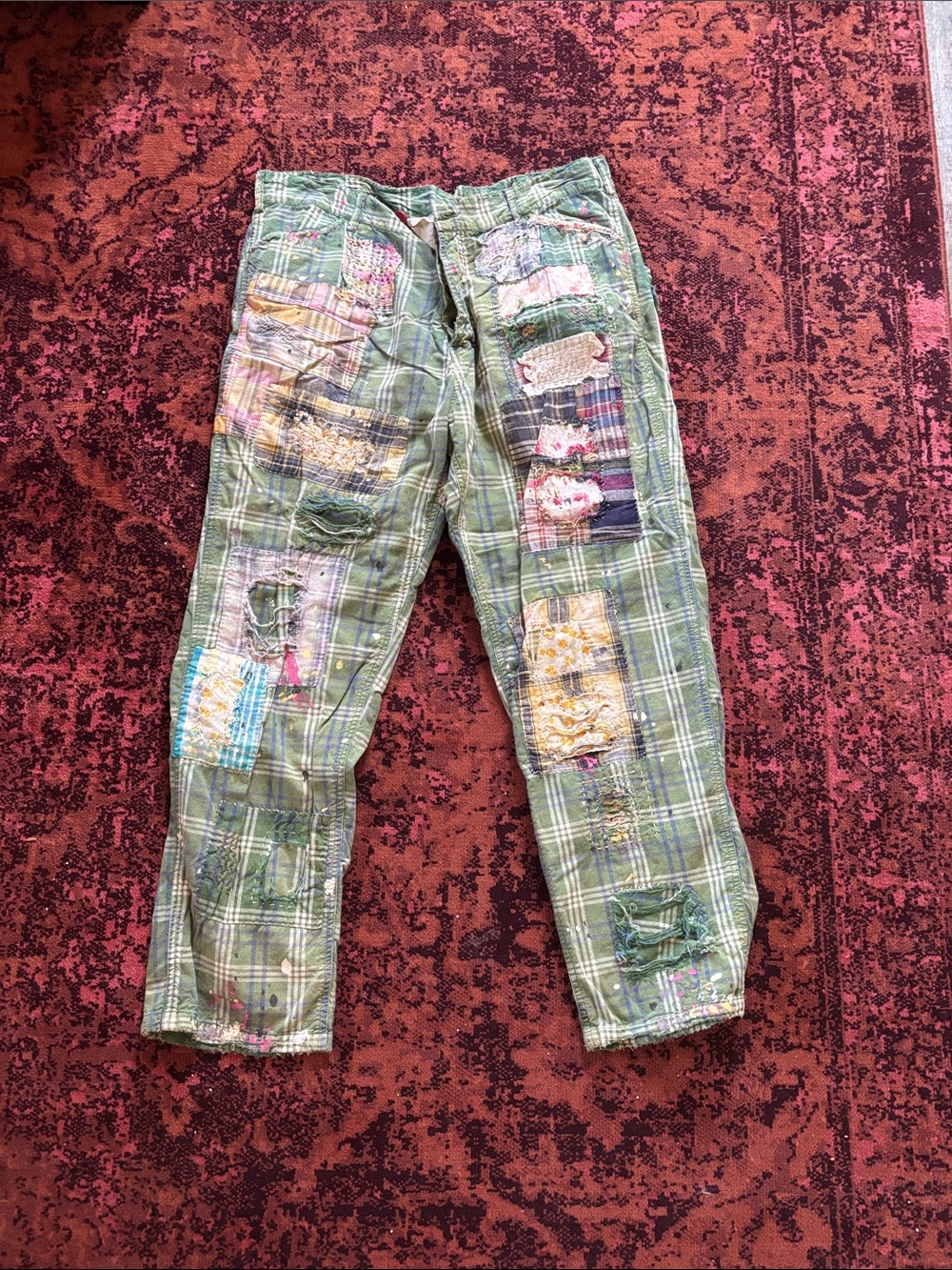 Magnolia Pearl Green Plaid Patchwork Distressed Pants